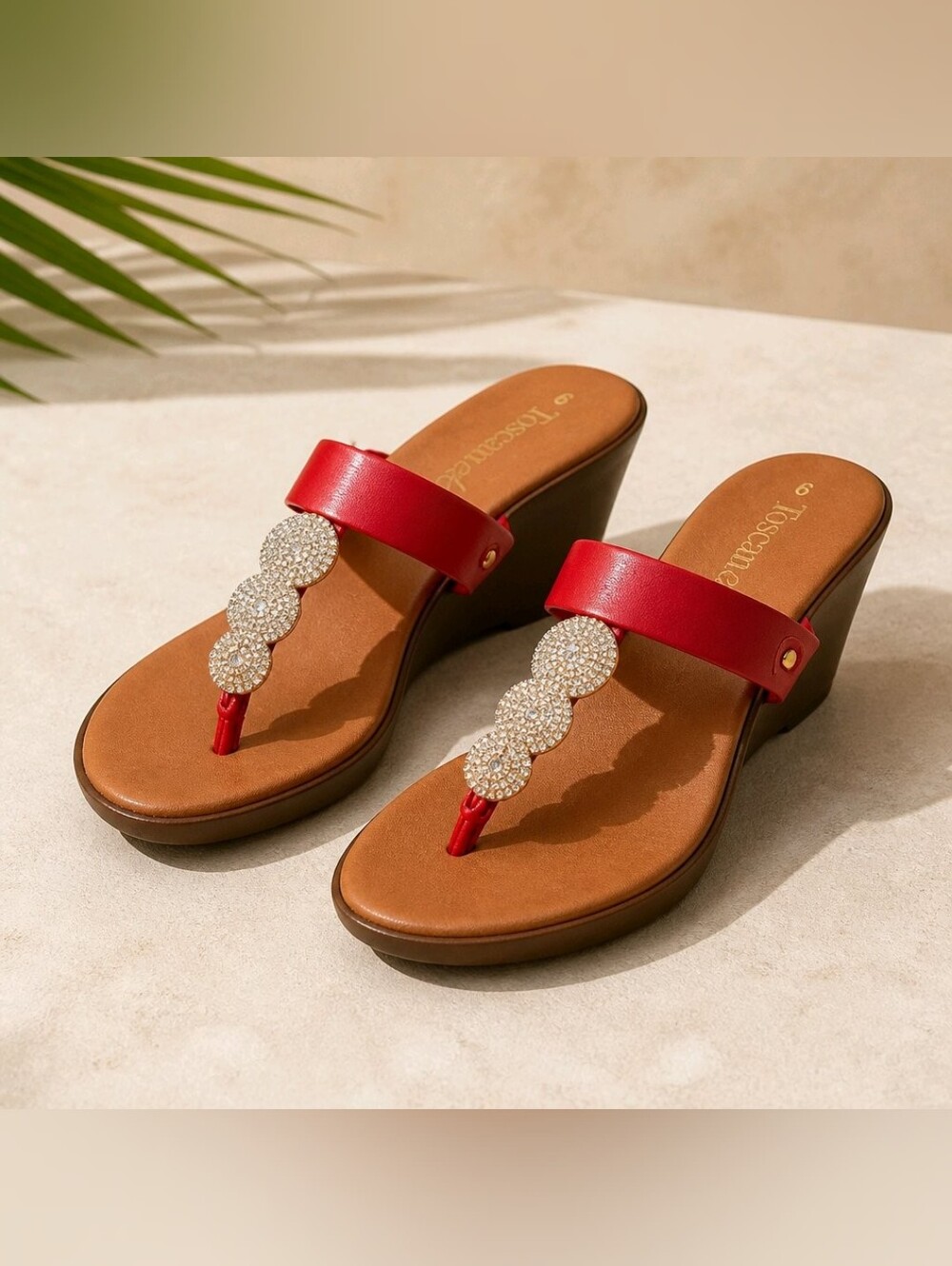Crystal-Embellished Red Wedge Thong Sandals Made in Italy #719